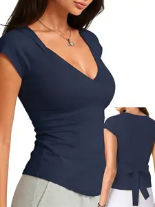 Danysu Tie Back Snatching Tops Padded Sexy VNeck TShirt Cotton Cute Going Out Tee Summer Streetwear Minimalist