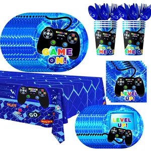 Gamer Birthday Decorations Blue, 113pcs Gaming Party Tableware Set - Game Themed Party Plate Cups Napkins Tablecloth etc Video Game Birthday Party Supplies , Serves 16