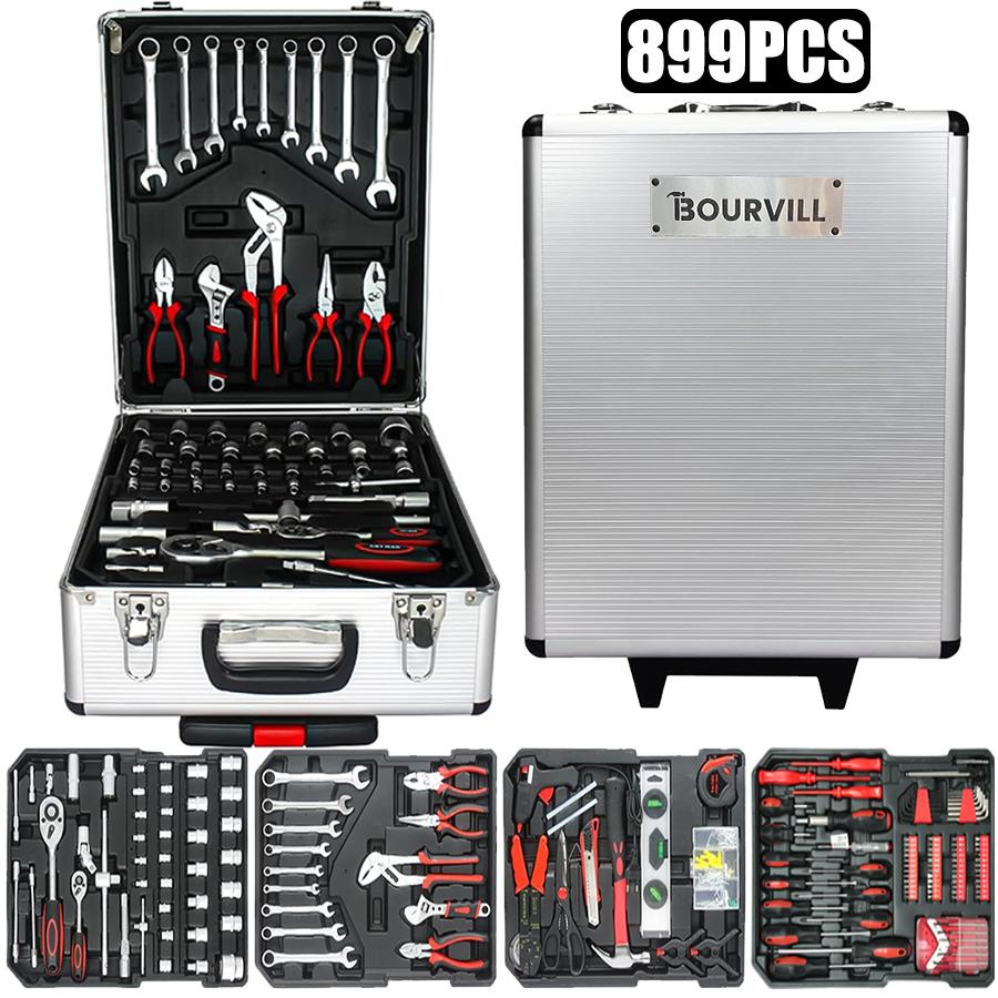 Bourvill 899PCS Large Capacity Metal Hand Toolbox, The Ultimate Home Repair Master Set - Comprehensive Toolbox, With 4 Drawers, General Household Toolkit, Simple And Durable, Auto Repair Repair Tools, No Assembly Required