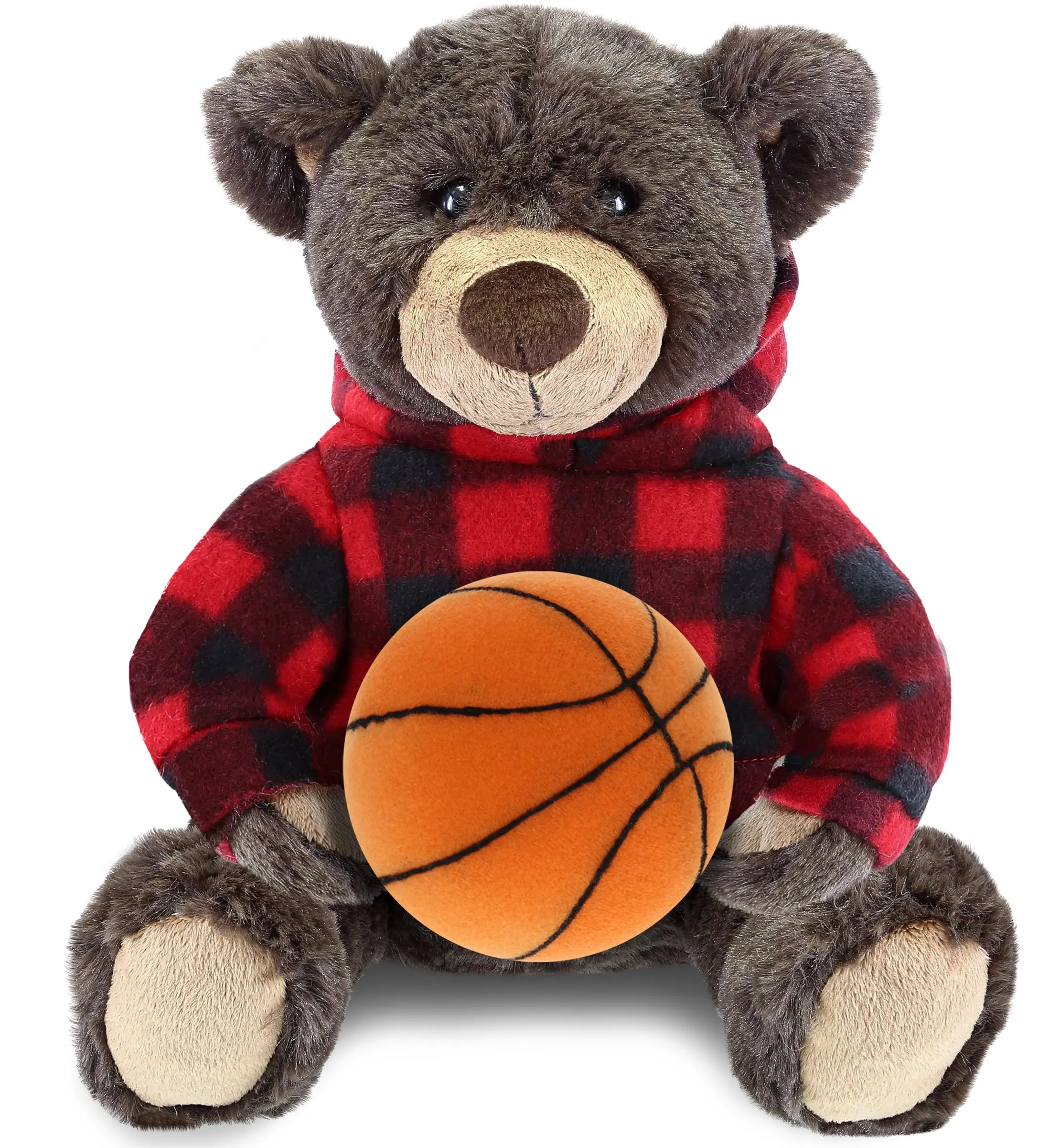 PLUSH BASKETBALL - SUPER SOFT PLUSH WITH RED PLAID HOODIE - BROWN BEAR
