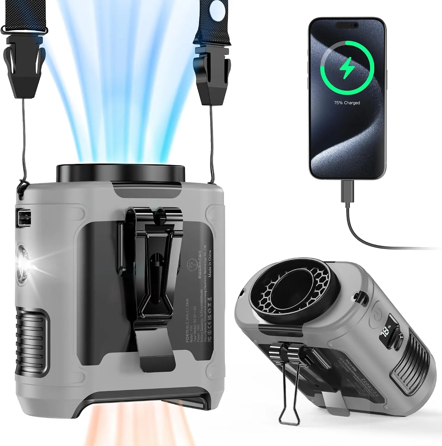 10000mAh Portable Waist Fan, Father Day Gifts for Husband Dad, Blue Collar Worker Belt Clip Fan with Light, Essentials for Camping Gardening, Rechargeable Cooling Gadgets for Men 2026