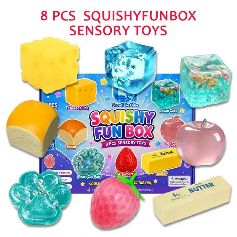 8-Piece Malt Sugar Squishy Box Set, Kids Stress Relief Fidget Toys for Unisex Creative Play, Slow-Return Sensory Bundle, Party Gift