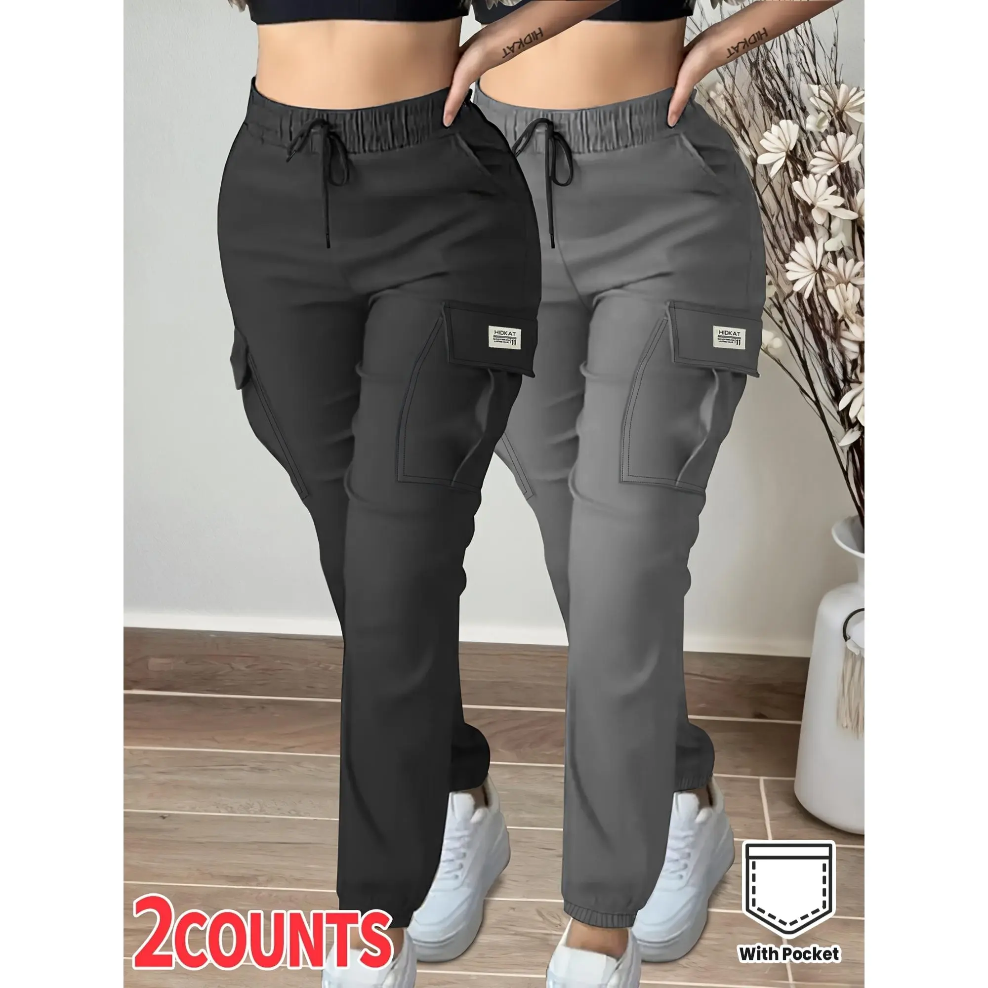 2pcs Women's Casual Cargo Pants, Spring/Autumn Lightweight with Elastic Waistband, Drawstring, Pockets, for Daily Casual Outdoor Wear