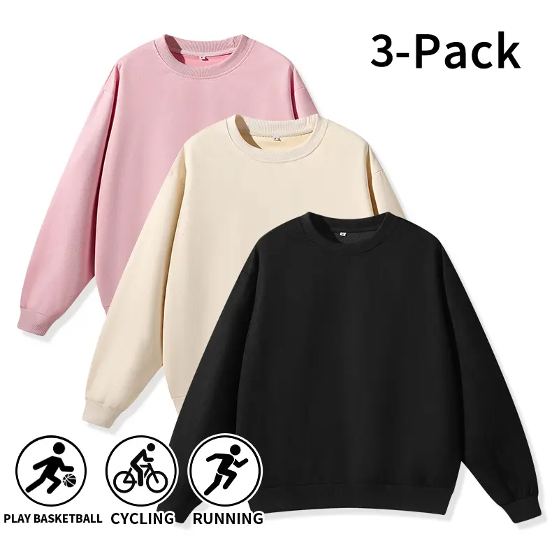 Men's 3-Pack Polyester Crewneck Sweatshirts - Long Sleeve, Velvet Touch Suede, Loose-Fit, Cozy Warm Pullover Shirt for Running, Daily Street Wear (Polyester Clothing)