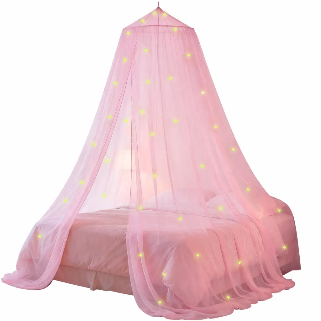 Premium Pink Princess Bed Canopy - Mesh Mosquito Netting, Dustproof Ceiling Tent Drapes with Luminous Star Light, Princess-Tent Charm for Single/Twin/Queen Sizes, Dreamy Atmosphere Birthday Kids Girl Child Room No-Wash Decor