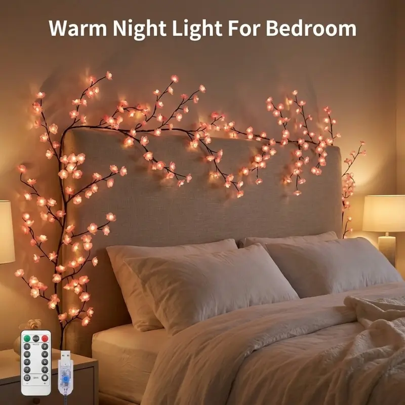 LED Cherry Blossom Tree Branch Mood Lighting - 7.55FT 144LEDs Willow Vine Garland, 1.2m 48leds, 1.6m USB Cable, Timers, Color Changing, 8 Lighting Modes, Remote, Bedroom Indoor Wall Decor for Wedding, Christmas