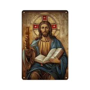 12x8 inches Metal Tin Sign Vintage Jesus Christ Icon Religious Graphic Tee For Men & Women Faith Inspired Clothing Catholic Art Gift Distressed Metal Sign Home Decor