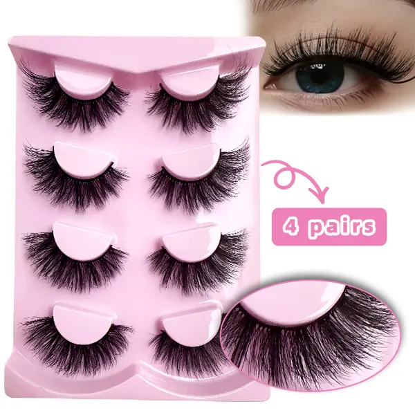 Fakemink Crisscross False Eyelashes - 4-Pair Polyester CC Curl Strip Lash Set, Clustered Dense Cat-Eye Effect, Long Full Lashes for Daily & Party Makeup, Beauty Product