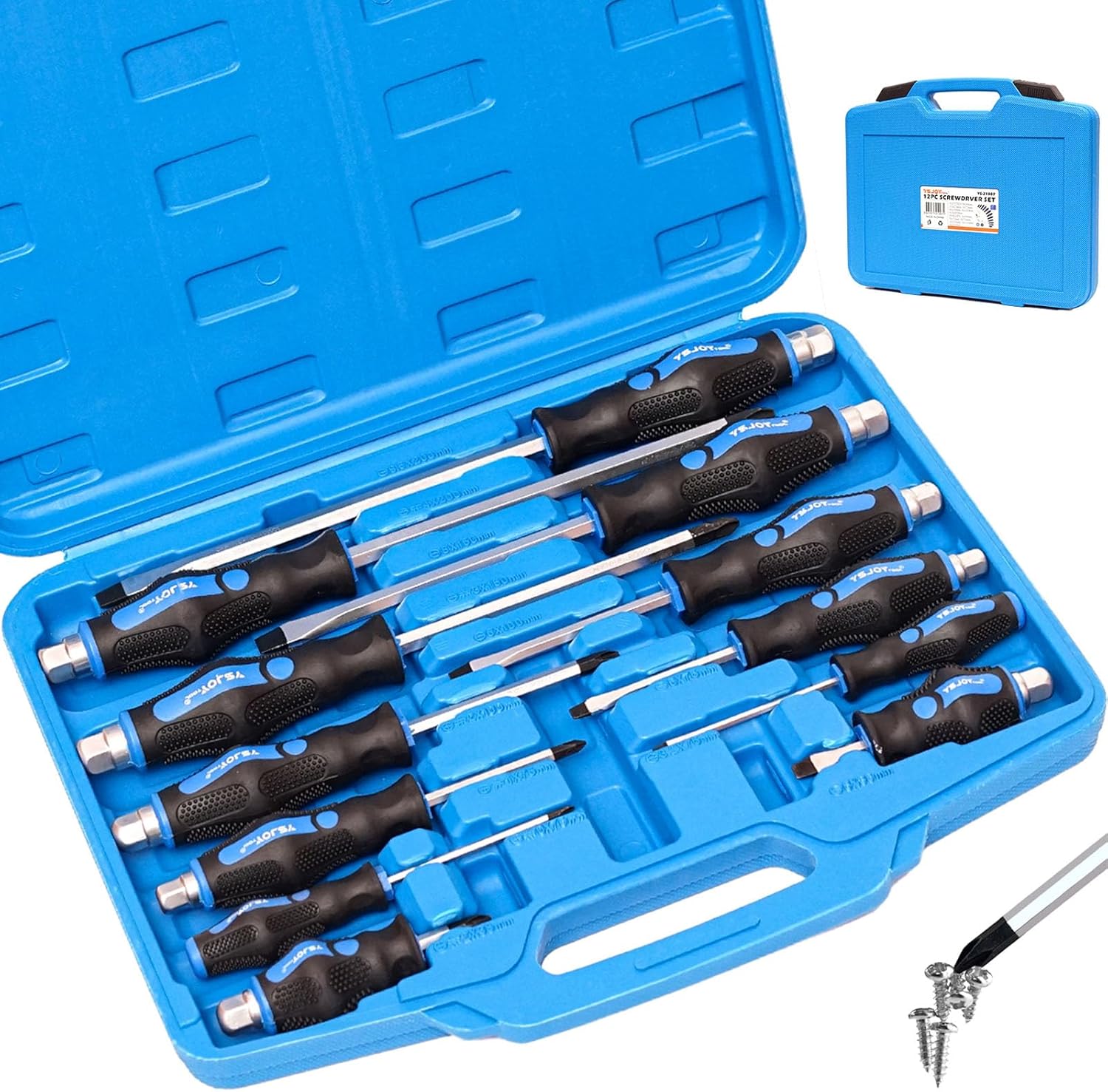 12-Piece Magnetic Screwdriver Set, Heavy Duty Screwdriver Set Go-Thru Steel Blades, Professional Level Handle with Two Types of Screwdrivers in Case, Includes Phillips/Flat