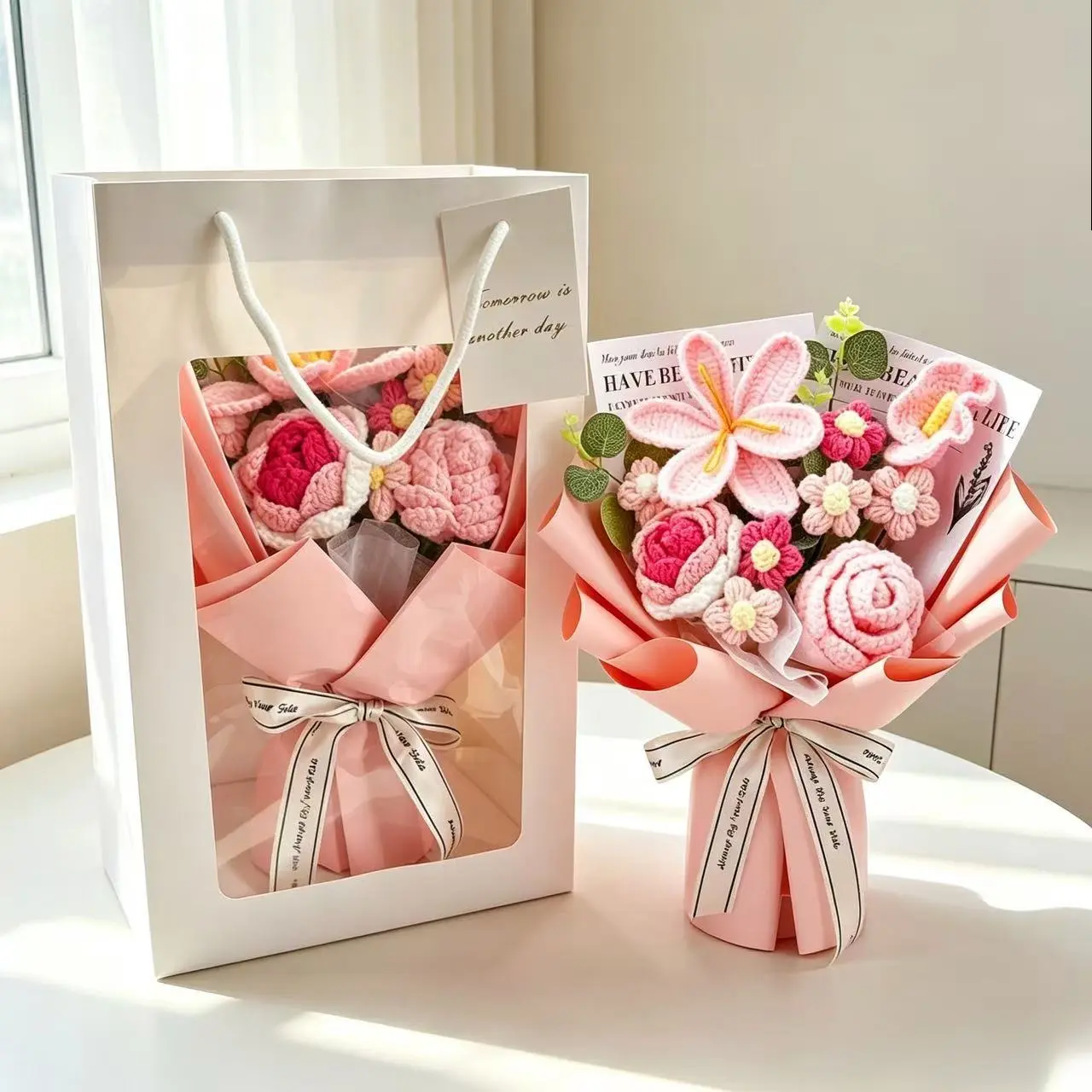 Handwoven Yarn Decorative Artificial Flowers Bouquet - Crochet Rose, Lily & Tulip Fake Flowers, Home Decor Accessories, Suitable for Weddings, Anniversary, GF Gift, Fake Flowers Bouquet