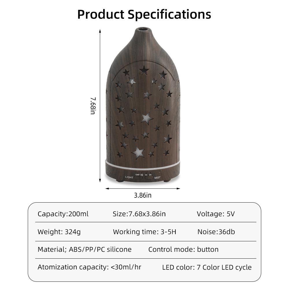 Star Hollow Essential Oil Diffuser Hollow Ultrasonic Aromatherapy Diffuser 7 Color LED Lights, Quiet & Auto Shut Off