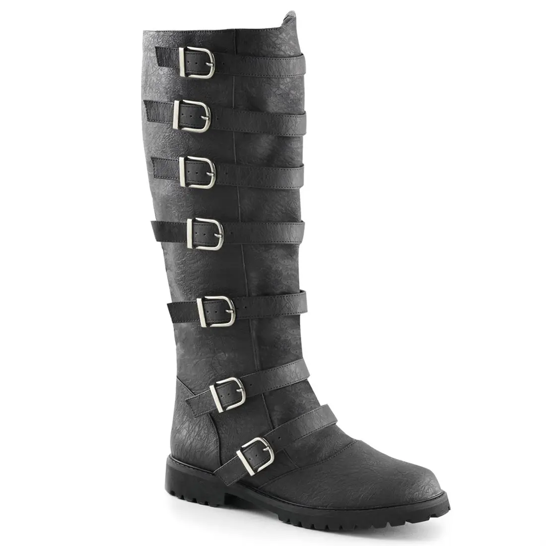 Men's Knee-High Boots in Black Vegan Leather with Multi-Buckle Straps and Expandable Shaft, All-Season Pull-On with Low Flat Heel, Shoe, Footwear, Faux Leather, Synthetic, Solid