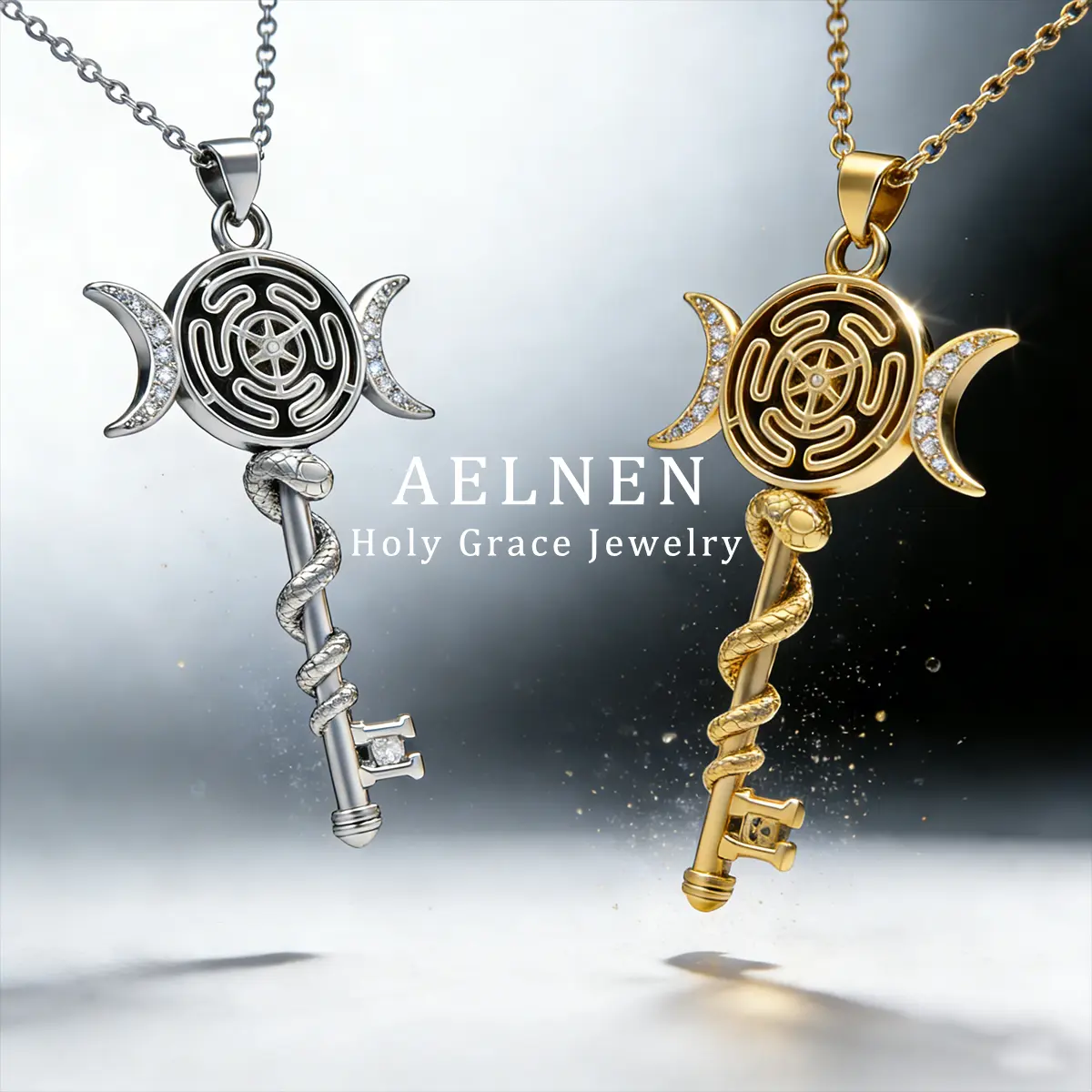 AELNEN S925 Sterling Silver Hecate's Key Necklace, 40Cm + 5Cm Length, 5cm Pendant, Unisex Gothic Jewelry, Blessed Symbol Statement Necklace, Protective Amulet Gift