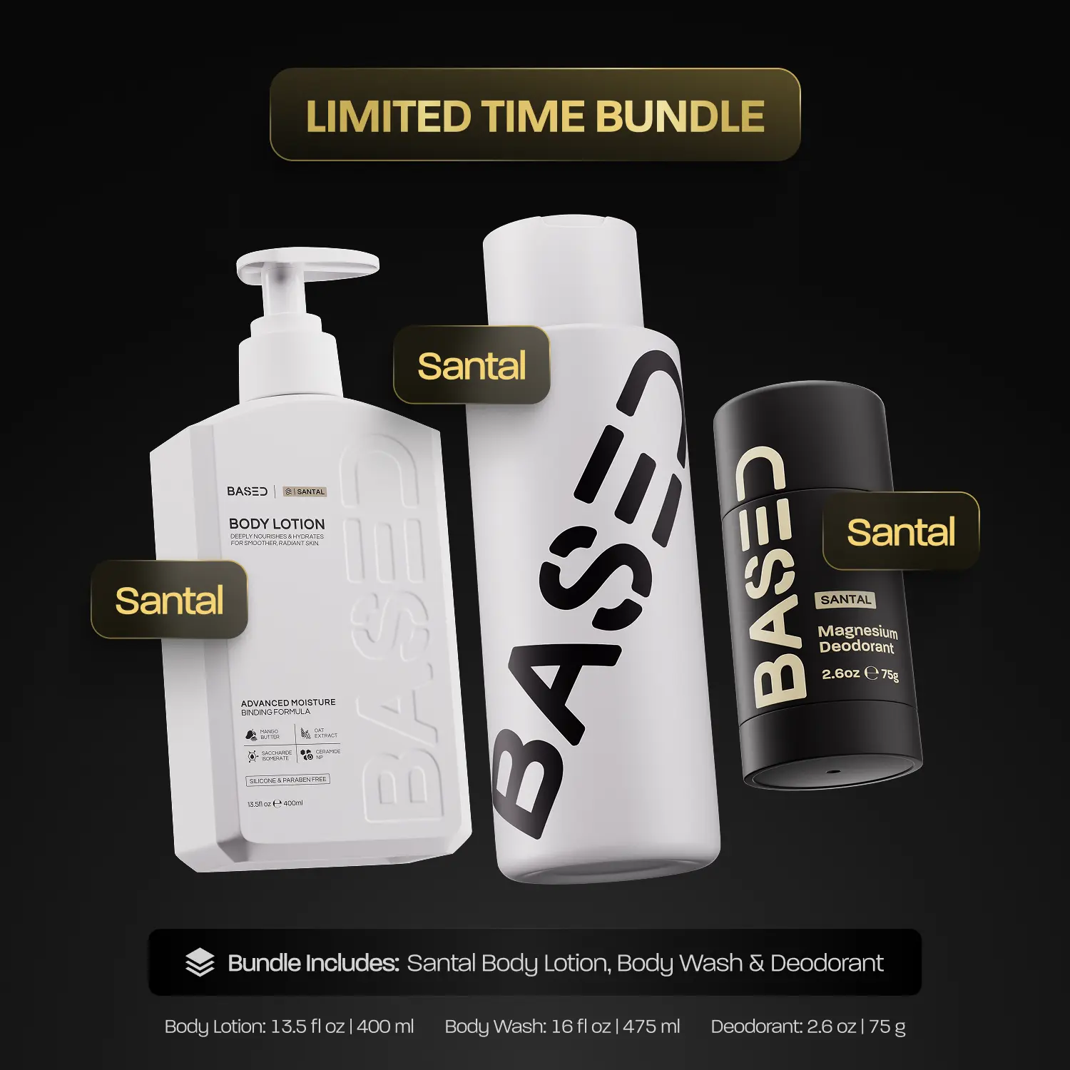 BASED Santal Bodycare Essentials | Bodywash, Body Lotion & Deodorant | Cleanse, Hydrate, Protect | Science-Backed