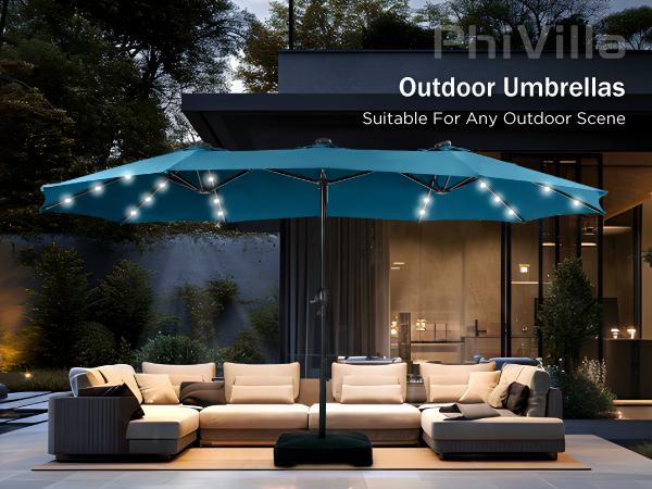 [15ft Extra Large] PHI VILLA Double-Sided Patio Umbrella with Crank & LED Lights - Large Steel Frame, UV Protection, Metal Base Included, Modern Decorative Lighting