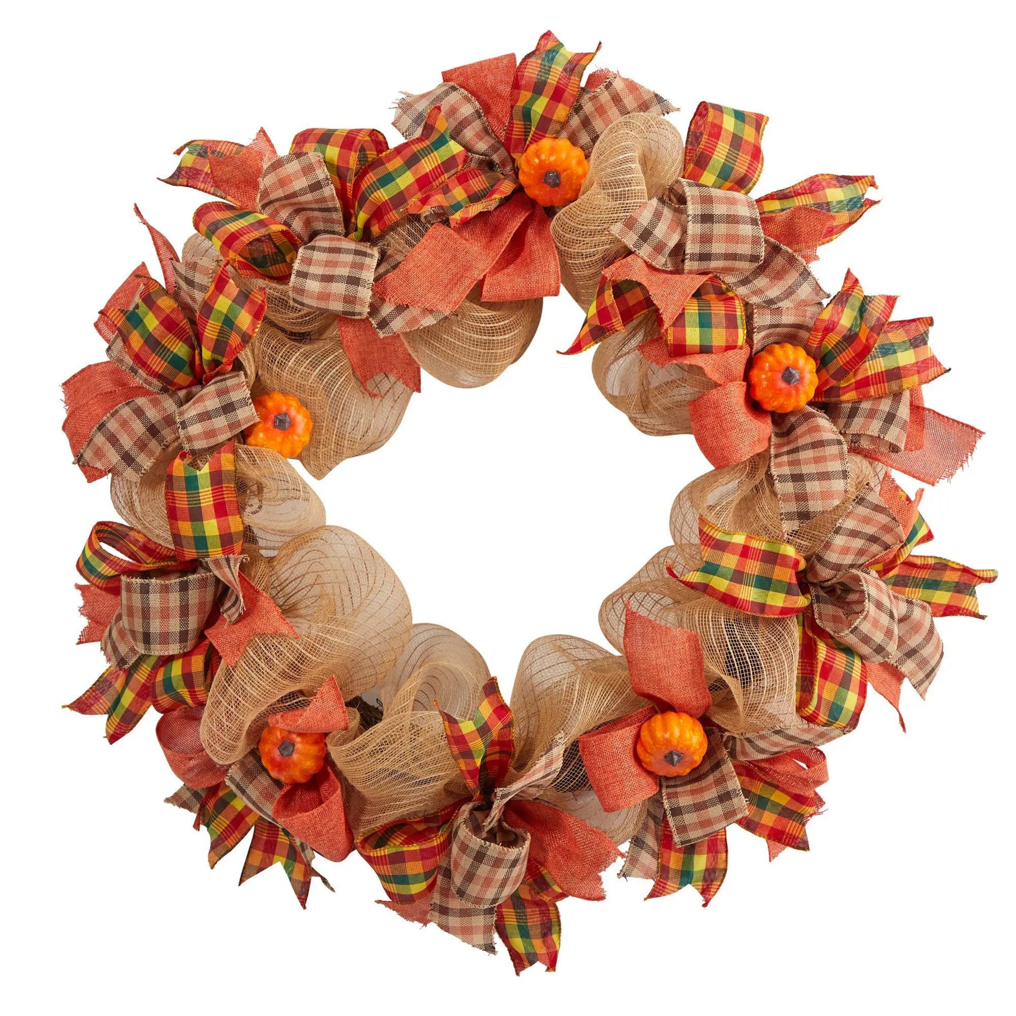 30in (30" diameter) Rustic Artificial Pumpkin Wreath with Decorative Bows - Front Porch Decor, Halloween Aesthetic Casual Festive Decorations, Home Supplies, Hanging Door Ornament