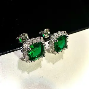 925 Sterling Silver Emerald Earrings Studs for Women 9MM Cushion Cut Gift
