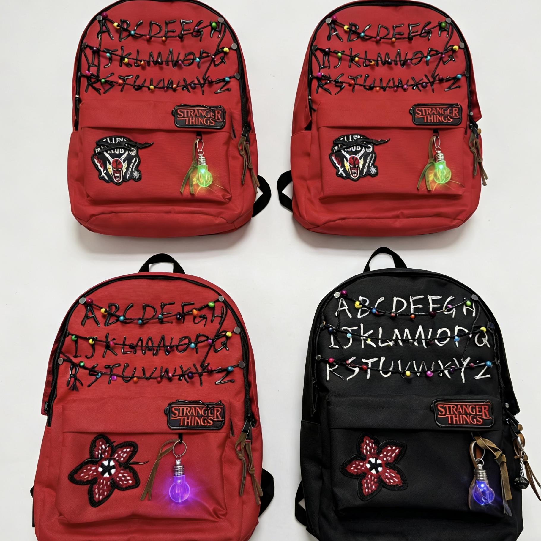 Stranger Things Backpack Shopping Bag Travel Bag Schoolbag Student WorkStudy Backpack Large Capacity Simple Design Red and Black Flower Pattern.