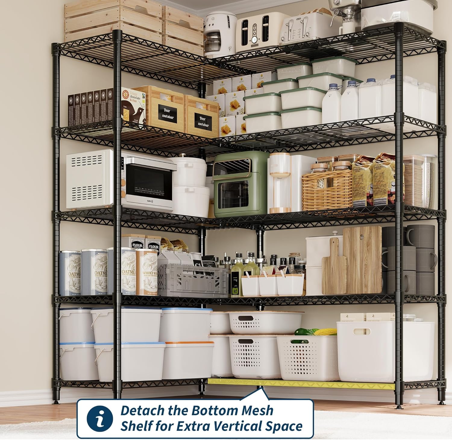 5-Tier Metal Wire Storage Rack for Food Service - Adjustable L-Shaped Industrial Shelving, 1325 lbs Capacity, Commercial Kitchen, Pantry, Garage, 59"W x 13.8"D x 70.5"H - 5 Floors, Width 35