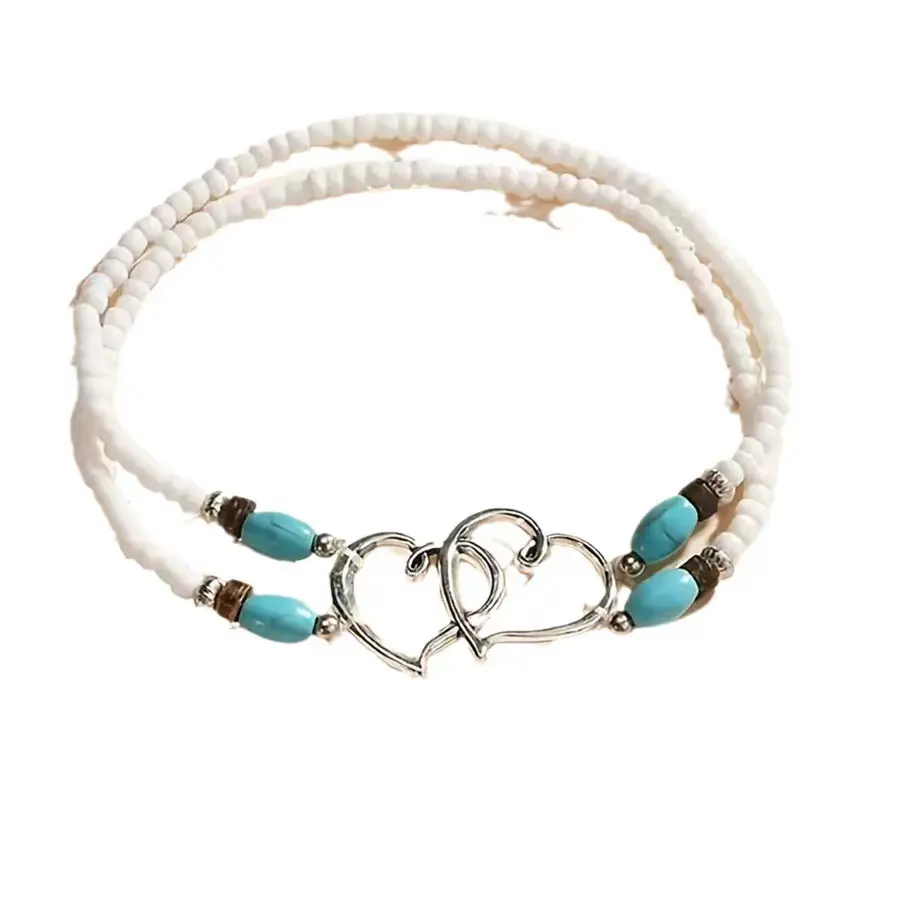 Unisex Retro Double-Layer Alloy Chain Jewelry Anklets - Turquoise Beads, Diamond-Studded Charm, Heart Bow Accent, No Couple Matching, Versatile Appeal Costume Jewelry for Daily Wear & Events