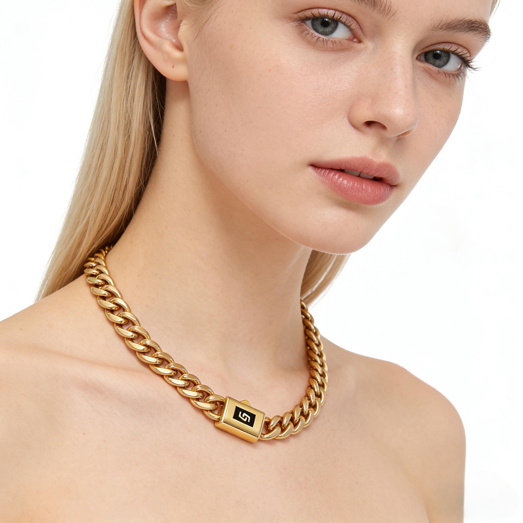 Jewelry Set 1pcs 14K Gold Vacuum Plated Stainless Steel With Copper Black "S" Ear Clasp Miami Cuban Link Chain 6-14mm Necklace Women & Men Luxury Jewelry, Daily Wear, Fashion, Gift, Chicano, Classic, Hip Hop, Simple, Sporty