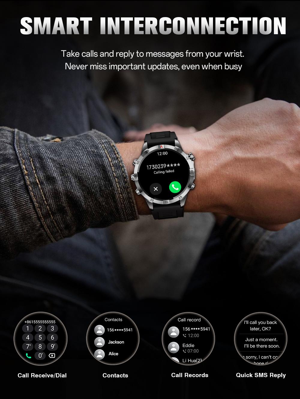 Aolon GT6 Pro Spring rugged outdoor smartwatch with 1.51" AMOLED display, LED flashlight & precision compass. Bluetooth calling, heart rate & fitness tracking, 5-button control, 500mAh battery up to 60 days, 1ATM & IP68 water-resistant.