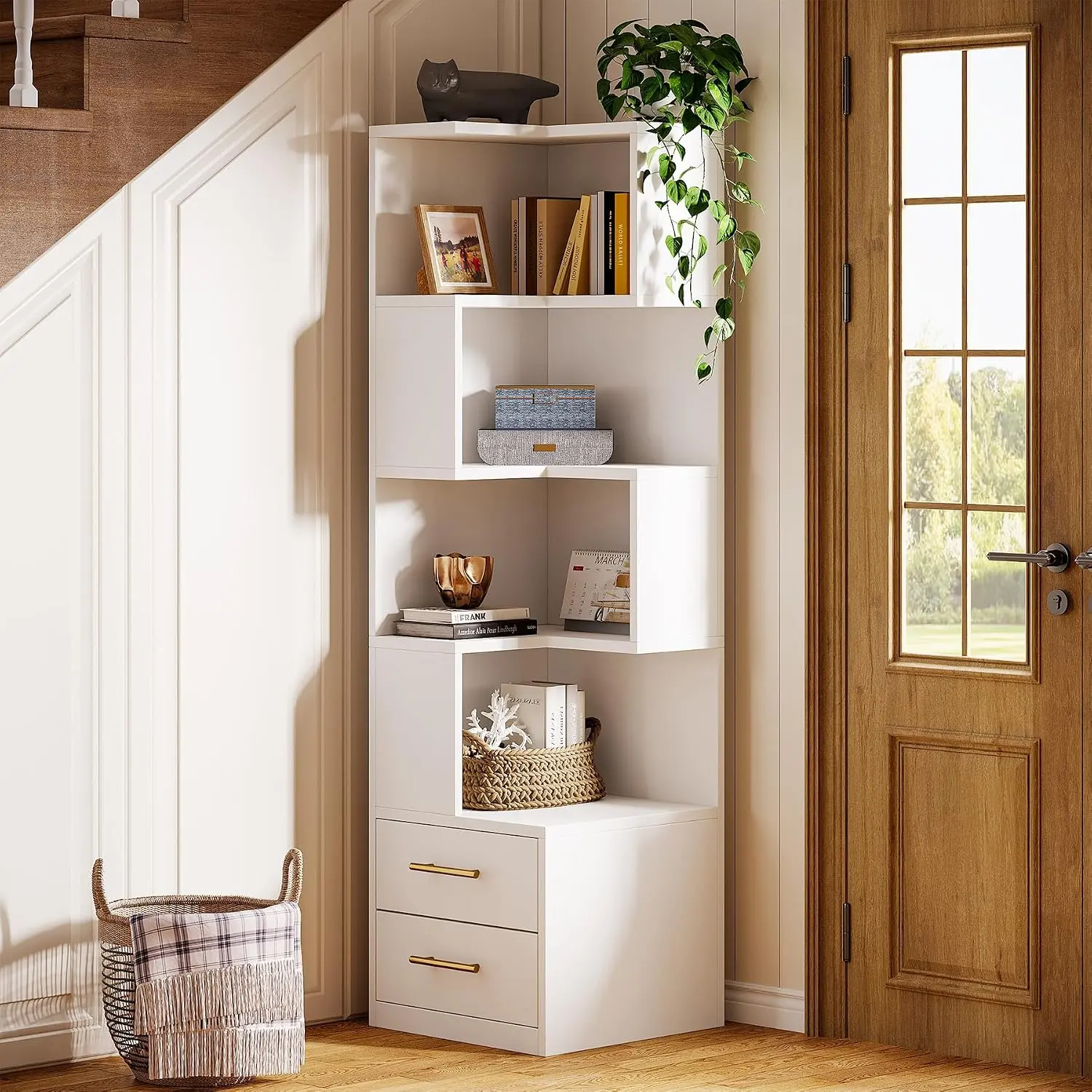 Tribesigns 5-Tier Corner Bookshelf with 2 Drawers, 66.9-Inch Tall Corner Bookcase Shelf, Modern Simple Corner Storage Cabinet Display Rack Shelf for Living Room, Home Office (White) backtoschool