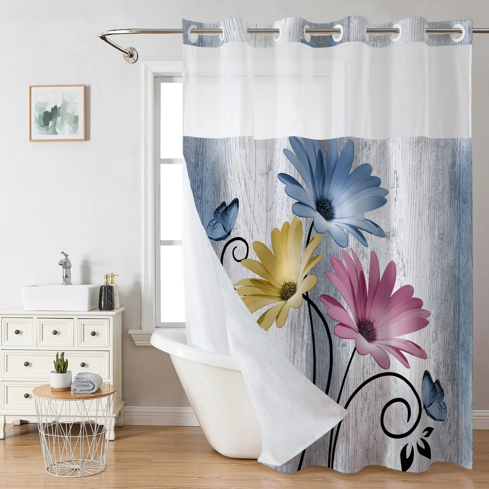 Straight 3D Digital Printing Blue Daisy Flower Shower Curtain, Double-Layer Polyester Blue Floral Waterproof Mildew-Proof Bathroom Partition Curtain, Blue Shower Curtains For Bathroom, Floral Shower Curtains For Bathroom
