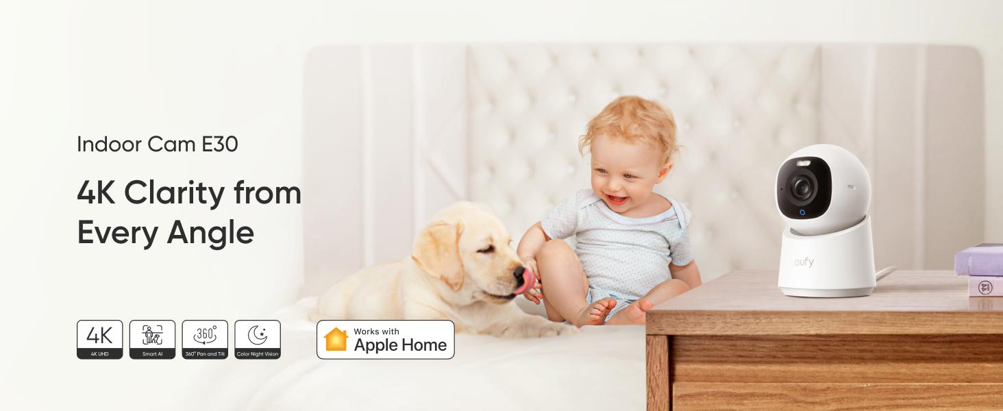 eufy Indoor Cam E30, Latest Generation, 4K UHD Security Camera, 360 Pan-Tilt, Color Night Vision, AI Detection for Human/Pet/Audio/Crying, Human/Pet Auto Tracking, Works with Homekit