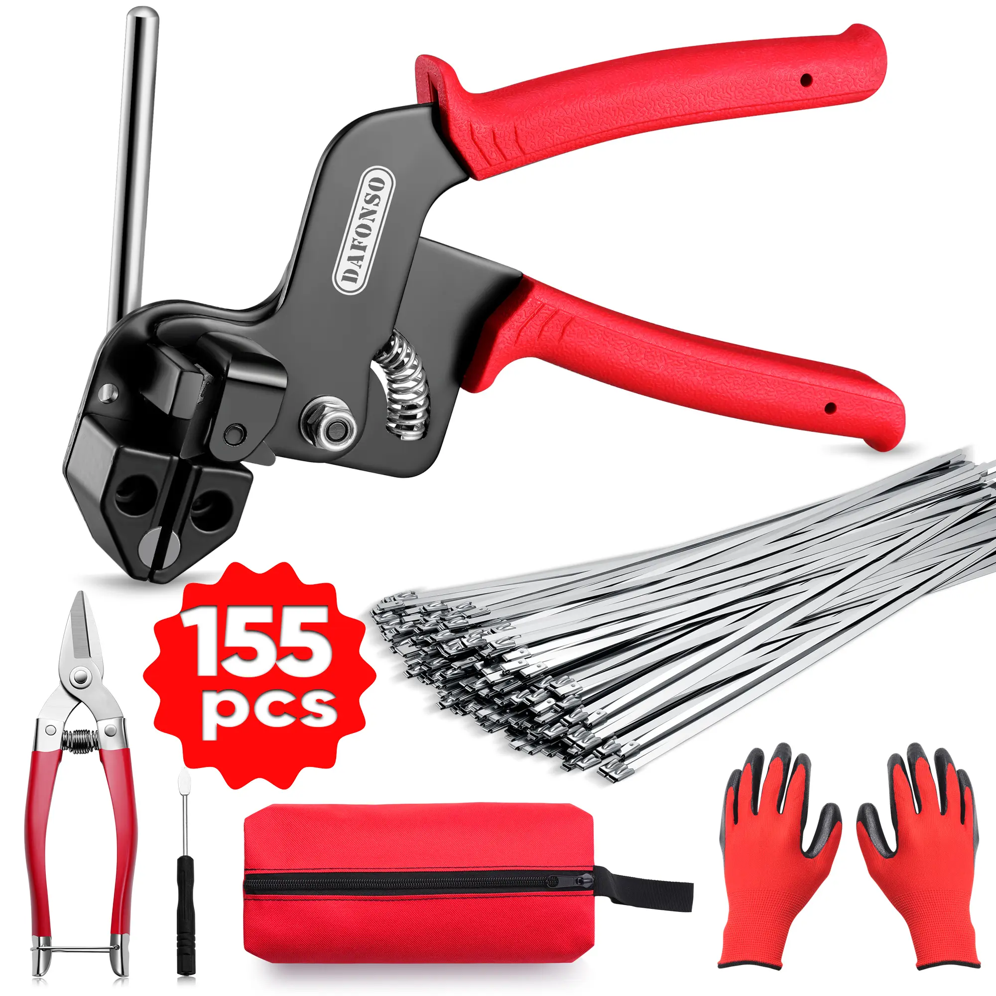 DAFONSO Heavy Duty 304 Stainless Steel Cable Tie Pliers Set - Multi-Function Stainless Steel Pliers, 150PCS Multi-Size Metal Zip Ties (3 Sizes), Tension Cutting Tool for Fencing, Cable Bundling, Multi Function Pliers