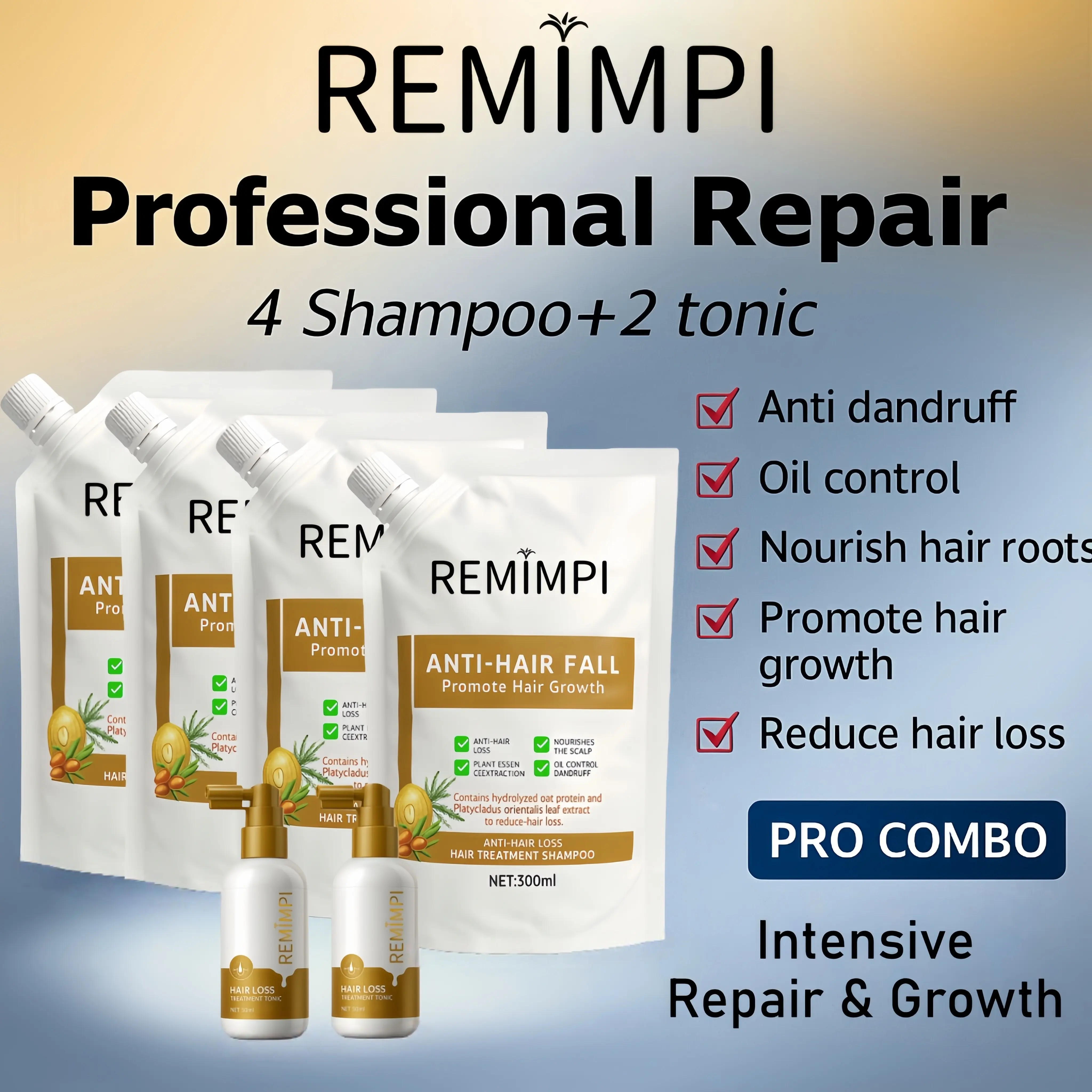 REMIMPI Intensive Repair Set – 4 Anti-Hair Fall Shampoos + 2 Hair Growth Tonics | Advanced Herbal Formula for Damaged Scalp & Thinning Hair | 300ml + 50ml,back to school