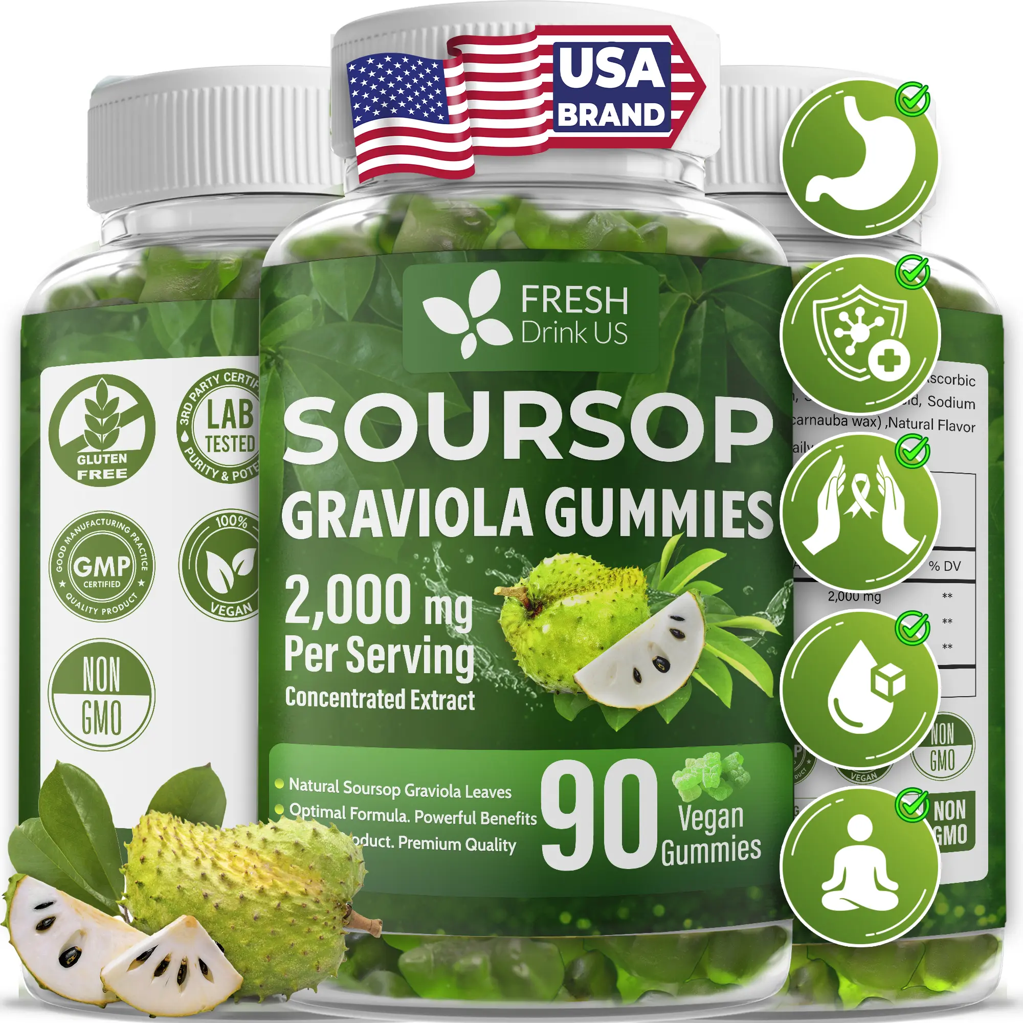 【FreshDrinkUS】 90 Soursop Graviola Gummies, 2,000mg per Serving, 45 Days Supply – 100% from Natural Soursop Graviola Leaves Extract, Vegan, Non-GMO, Gluten-Free (90 Gummies) #Clearance Sale