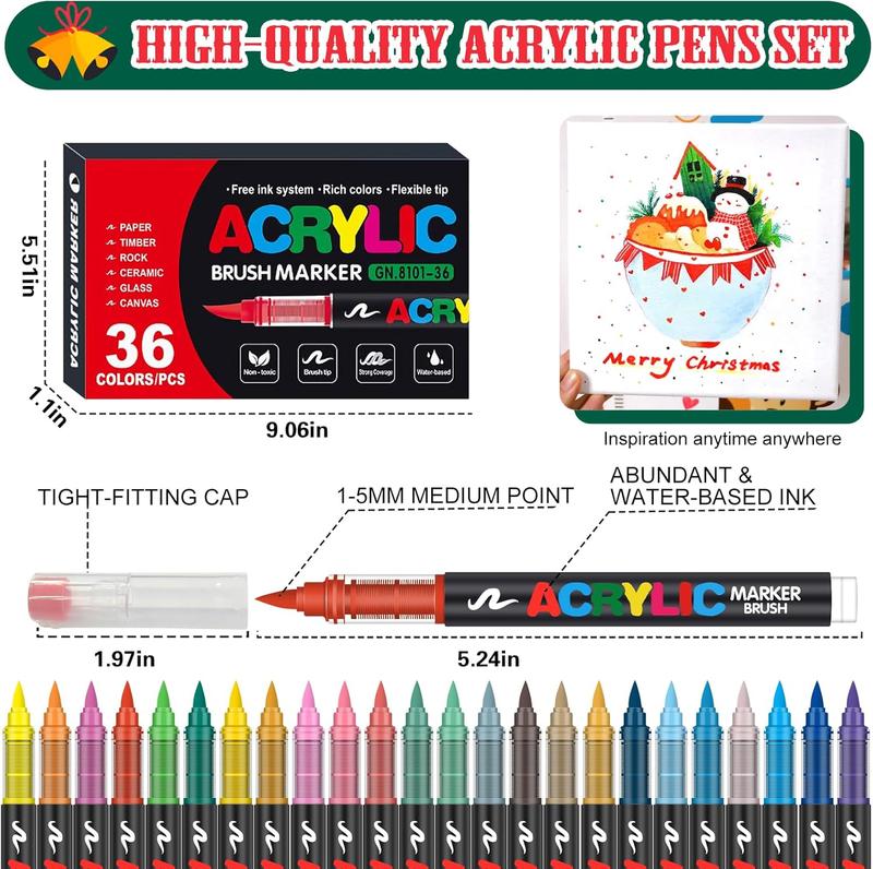 Acrylic Paint Markers Set (36 Colors), Soft Brush Tip Acrylic Paint Pens for Wood, Canvas, Glass, Fabric, Rock Painting & DIY Crafts