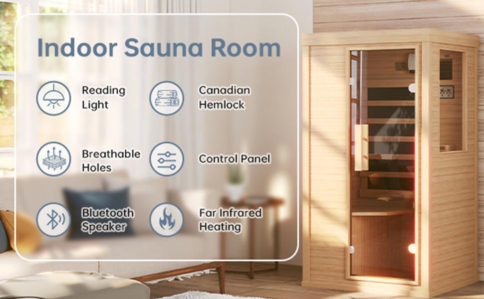 Aoxun Adult 1-Person Canadian Hemlock Wooden Sauna - 850W 120V Indoor Home Natural Look Relaxation Spa, Low-EMF Wellness, Bluetooth Speakers, Control Panel, Half Glass Design, Assembly Required
