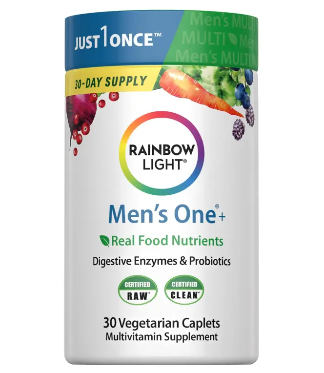Rainbow Light Mens Multivitamin One + | 30 Caplets | Real Food Nutrients, Digestive Enzymes & Probiotics | Real Food Nutrients, Digestive Enzymes & Probiotics