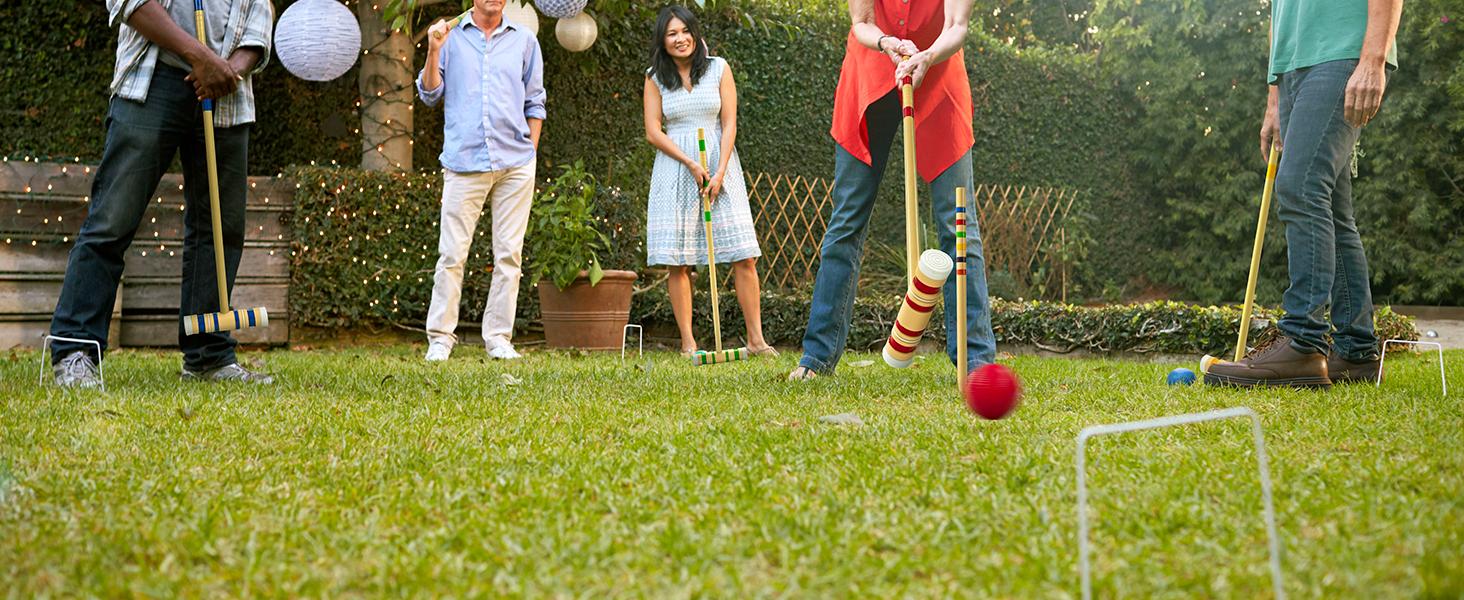 (Summer Turn-Up)Ropoda Six-Player Croquet Set with Wooden Mallets, Colored Balls, 2 Ending Stakes, 9 Steel Wickets & Durable Carrying Bag for Easy Storage, Summer Turn Up & Father's Day Deal