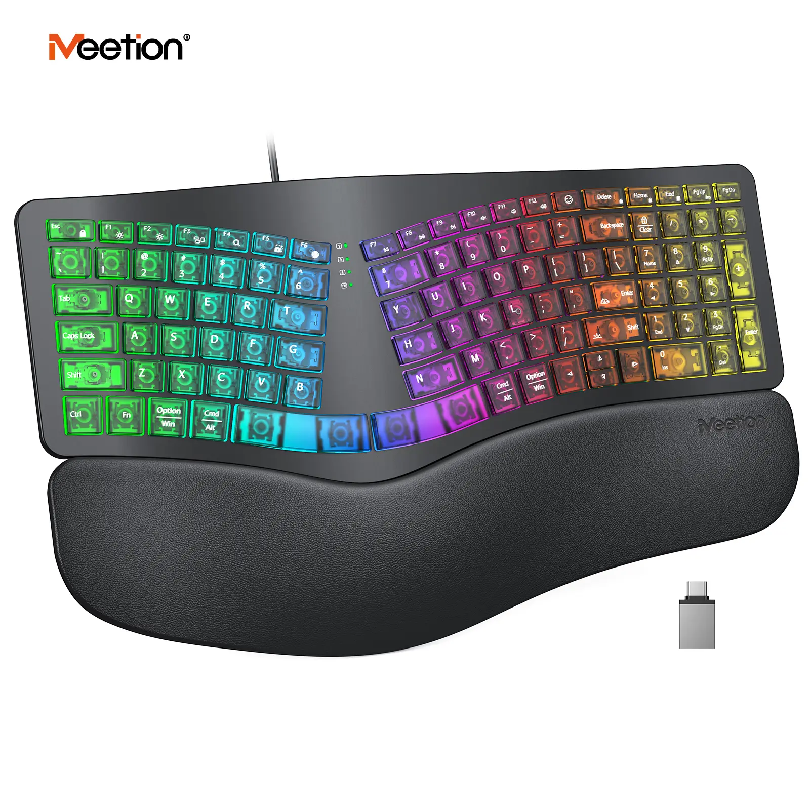 MEETION Ergonomic Design Wired Keyboard, Translucent Cyberpunk Aesthetics, 7-Color Transparent Backlit, 4 Brightness Levels, Dynamic RGB Breathing Effect, Comfortable Wrist Rest Cushion, USB-A/USB-C Adapter for Windows Mac Laptops & Computers
