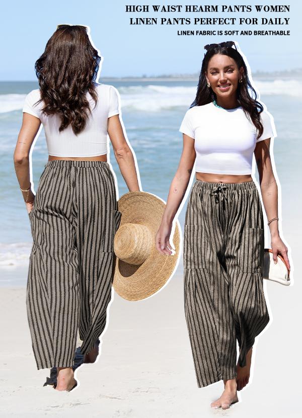 TARSE Womens Linen Blend Wide Leg Pants Casual Comfy Oversized Loose Fit Printed Summer Beach Travel Vacation Palazzo Trousers with Pockets
