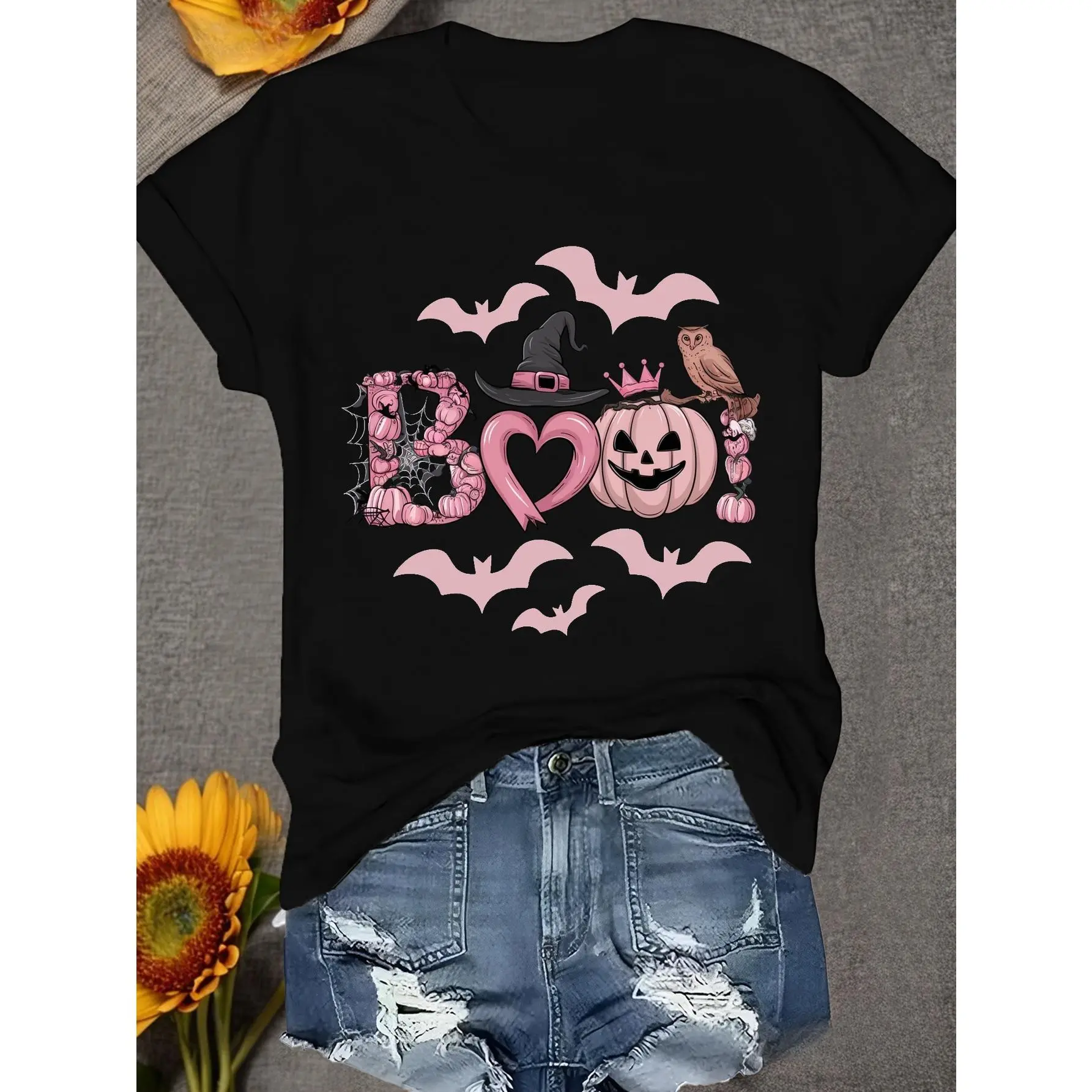 [100% Cotton] Spooky - Chic Tee For Halloween: Adorable "BOO!" Graphic With Bat And Pumpkin Elements T-Shirt For Men And Women