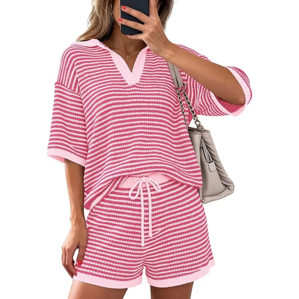 PrettyGarden Women Striped 2 Piece Lounge Sets Short Sleeve V Neck Tops Drawstring Short Sets Beach Summer Outfits