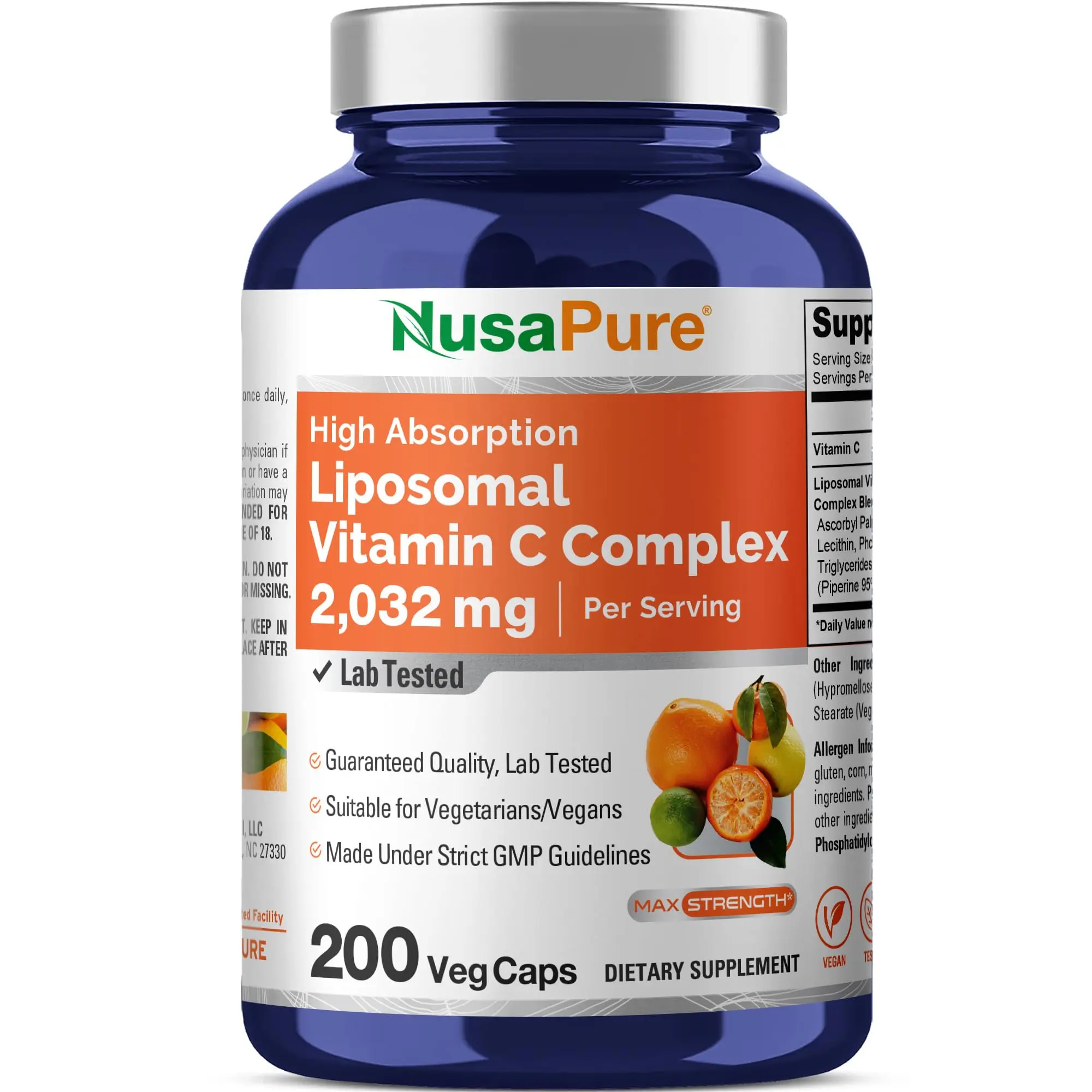 NusaPure Liposomal Vitamin C 2032mg Vegan/Vegetarian Capsules - 200 Vegan Capsules Vitamins Supplements, GMP-Compliant, with BioPerine, High-Absorption Ascorbic Acid, Immunity Boost, Collagen Support for Adults, Body Health, Skin & Joints, Dietary Supplem
