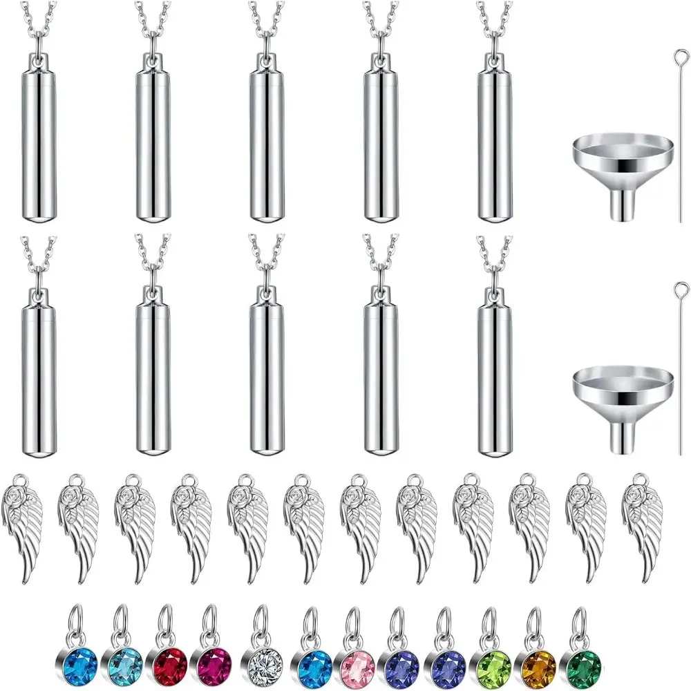 10 Pieces Urn Necklace for Ashes, 10 Pieces Urn Necklace, Stainless Steel Cremation Jewelry for Women Men, Cylinder Memorial Necklaces Keepsake Pendant with Funnel(Silver)