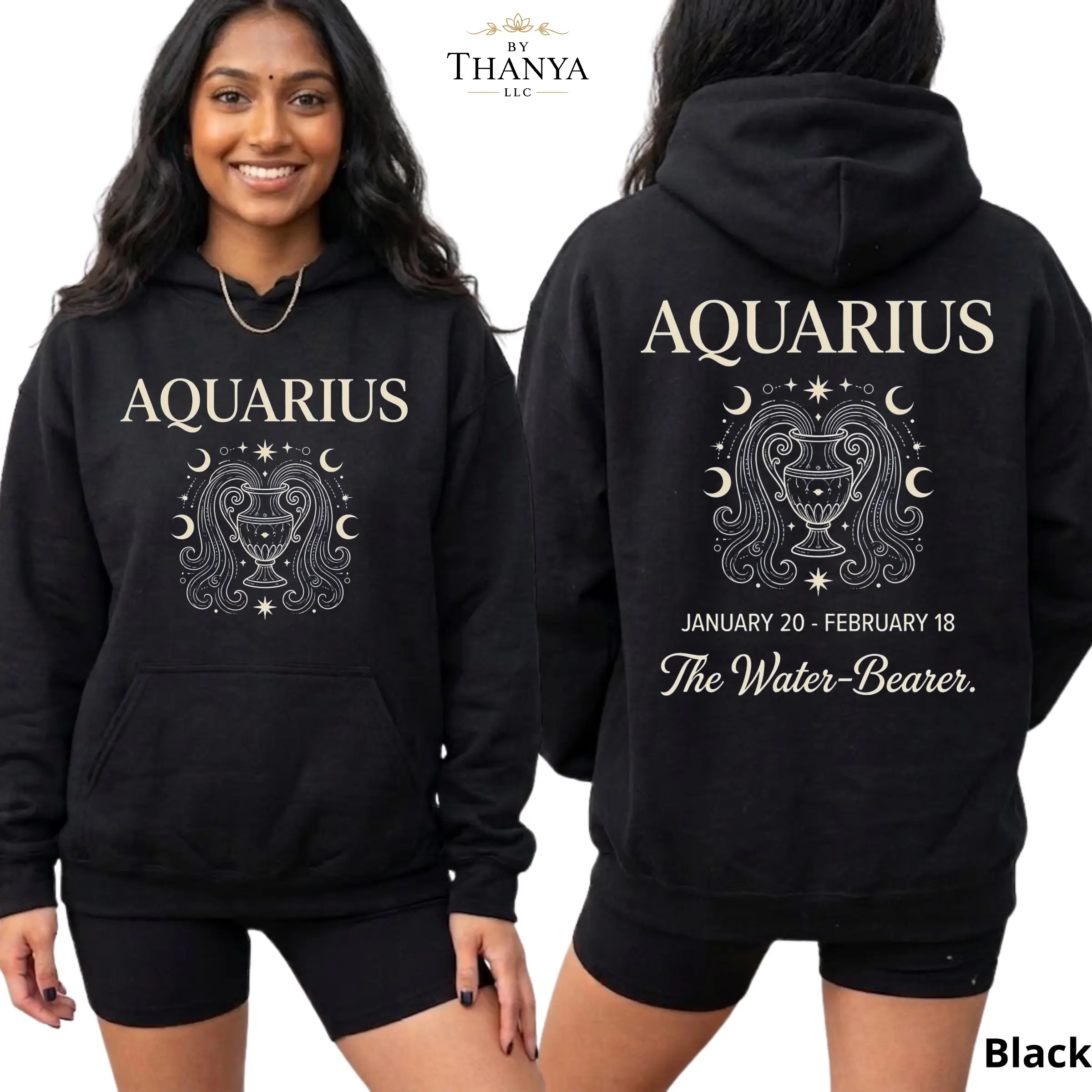 Aquarius Zodiac Hoodie, Astrology Water Bearer Graphic Hooded Sweatshirt, Front and Back Print Horoscope Pullover, Aquarius Birthday Gift for Women Men - By Thanya LLC