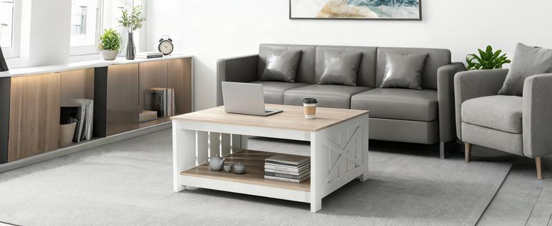 Farmhouse Square Coffee Table with Storage Shelf - 31.5" Rustic White Center Table with X-Design Side - Heavy Duty & Scratch Resistant for Living Room