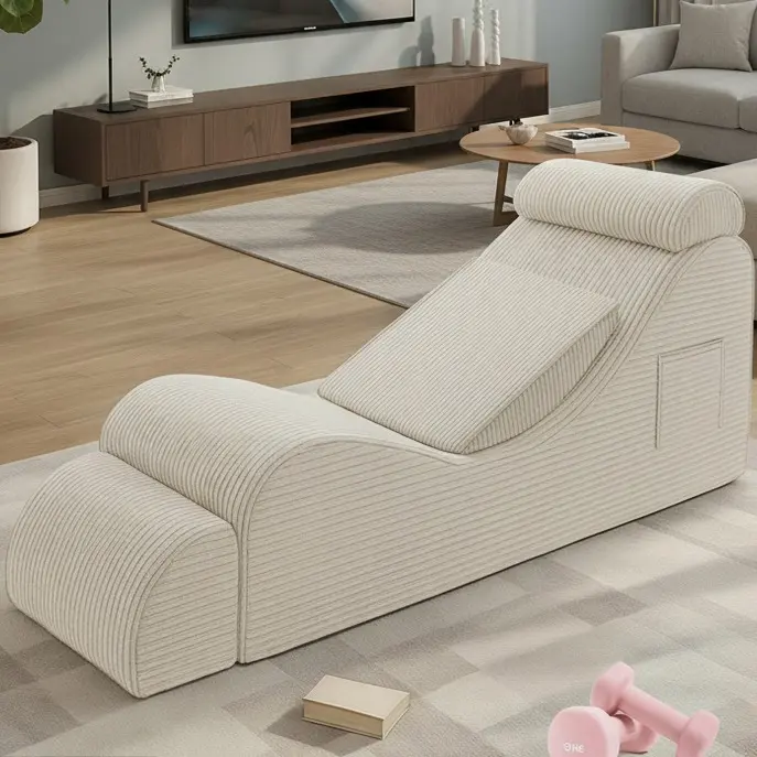 Winzoo Modern Ergonomic Fully Padded Adjustable Chaise Lounge Chair with Removable Ottoman, Headrest, Waist Pad, Cushions, Adjustable Backrest - Lightweight Easy-to-Move Indoor Sofa Furniture, Comfy Couch for Reading, Watching TV