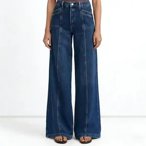 Women's high waisted jeans with wide legs, loose and elastic boyfriend, fashionable and casual, comfortable and casual denim pants with pockets
