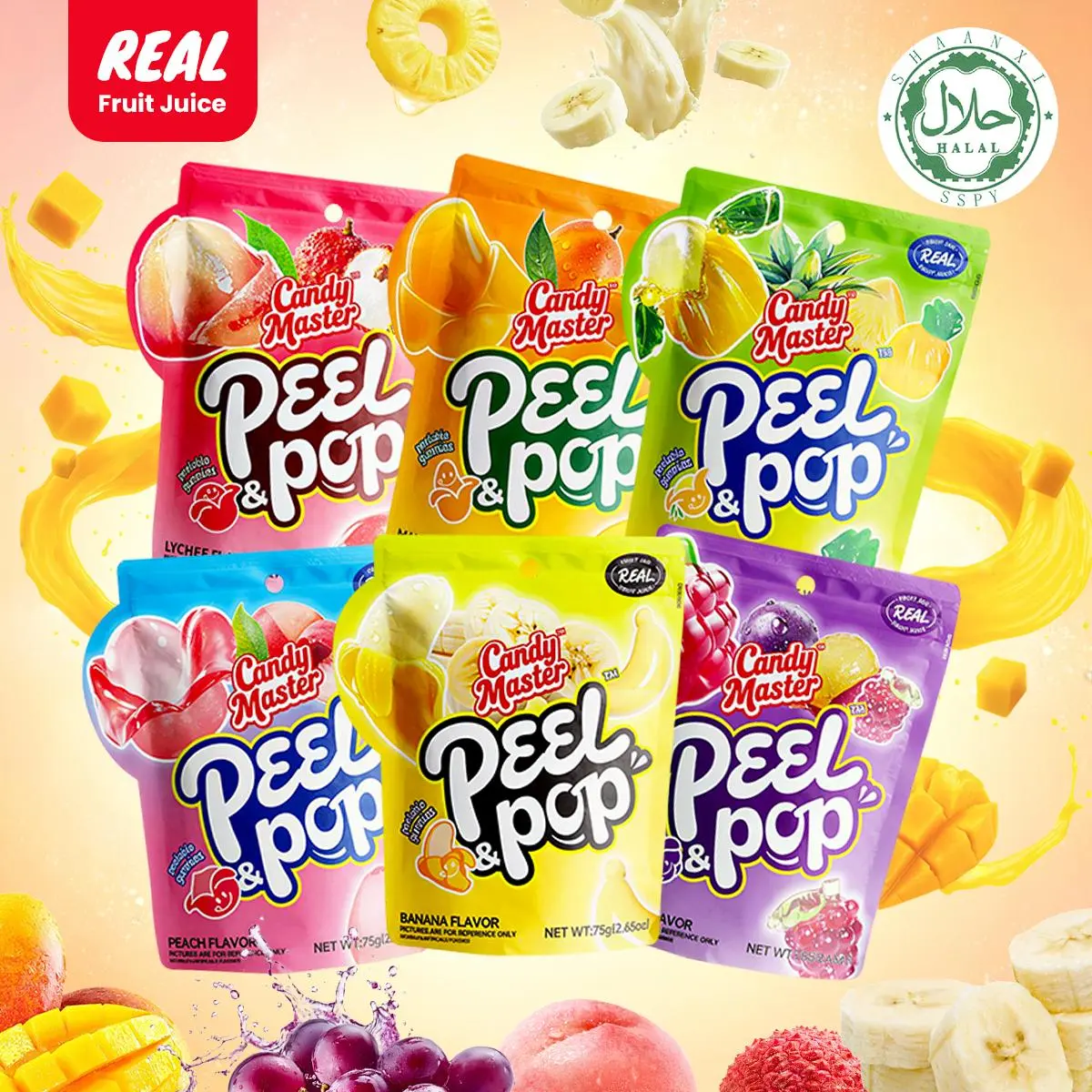 Candy Master Peel & Pop Peelable Gelatin Novelty Candies - 6 Fruity Varieties (Banana, Lychee, Grape, Peach, Mango, Pineapple), Individually Wrapped, Juice Concentrate-Infused, Halal Certified, Pick and Mix-Friendly, Ideal for Youth, Beach, Camping Snacks