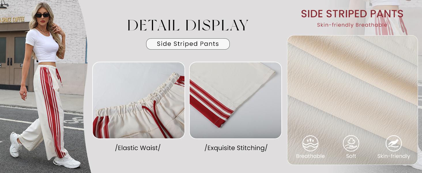 Tanming Womenswear Streetwear Stripe Straight Cut Barrel Leg Parachute Cargo Pants Y2K Elasticated Waistband Soft Wide Leg Pants with Pockets Casual Sweatpants for Hyrox