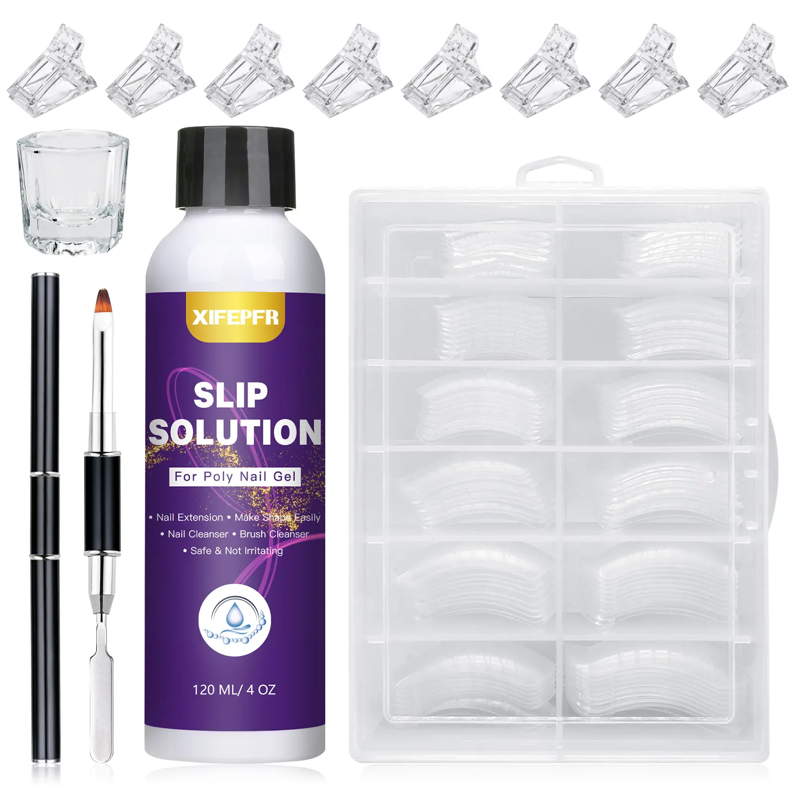XIFEPFR Smooth Poly Gel Slip Solution Kit - 4oz Anti-stick Manicure Liquid, 120pcs Dual Forms, Nail Brush, Clips, Cup, Bottle, Nail Care Tools for Easy DIY Art, Gift for Women