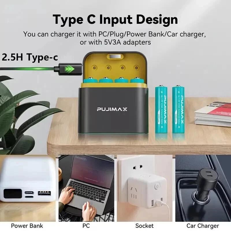 PUJIMAX 8 PCS AA 1.5V Rechargeable Lithium-ion Batteries 3400mWh + Charging Case